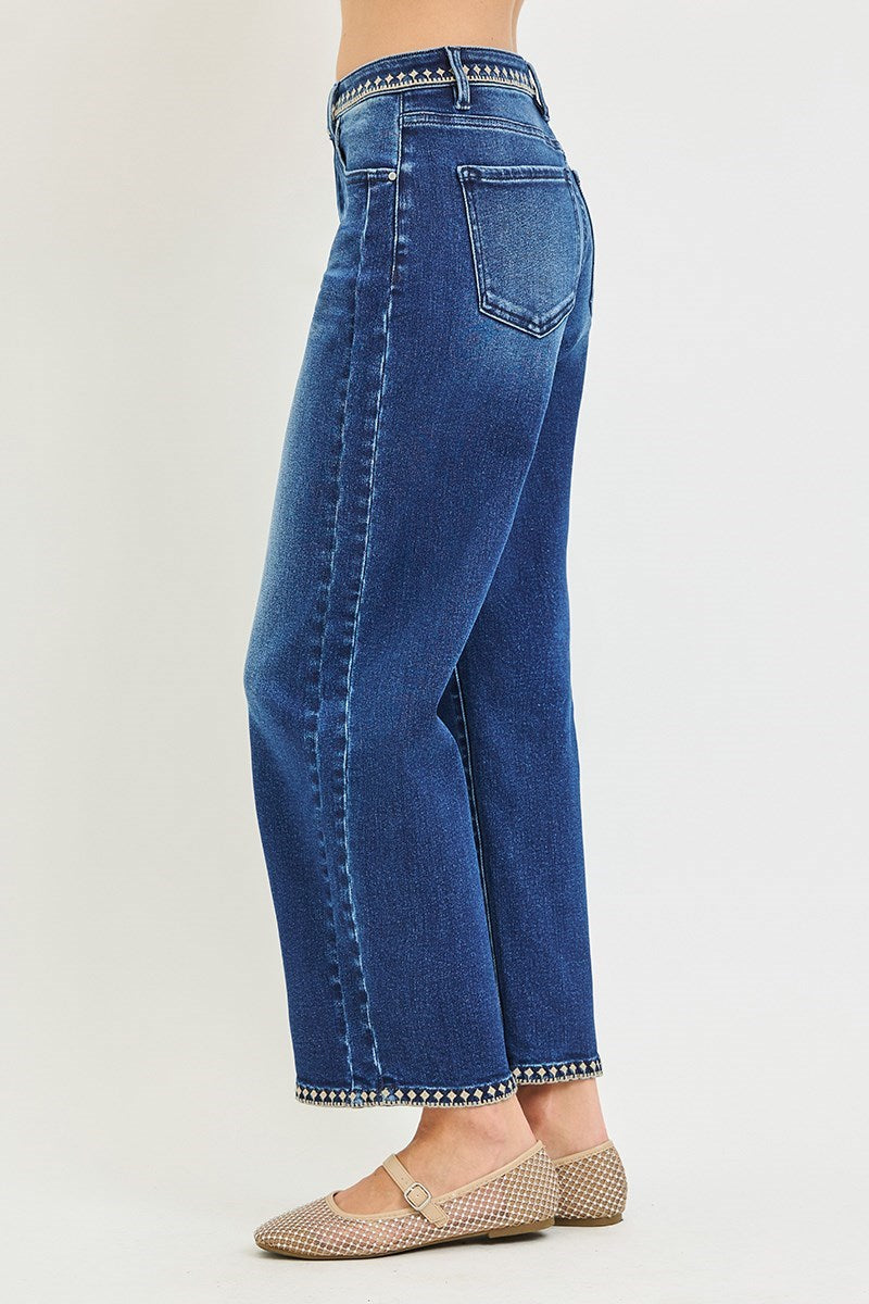 RISEN SLOUCHY CROPPED BARREL JEANS WITH EMBROIDERED DETAILS