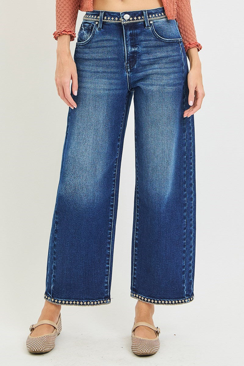 RISEN SLOUCHY CROPPED BARREL JEANS WITH EMBROIDERED DETAILS