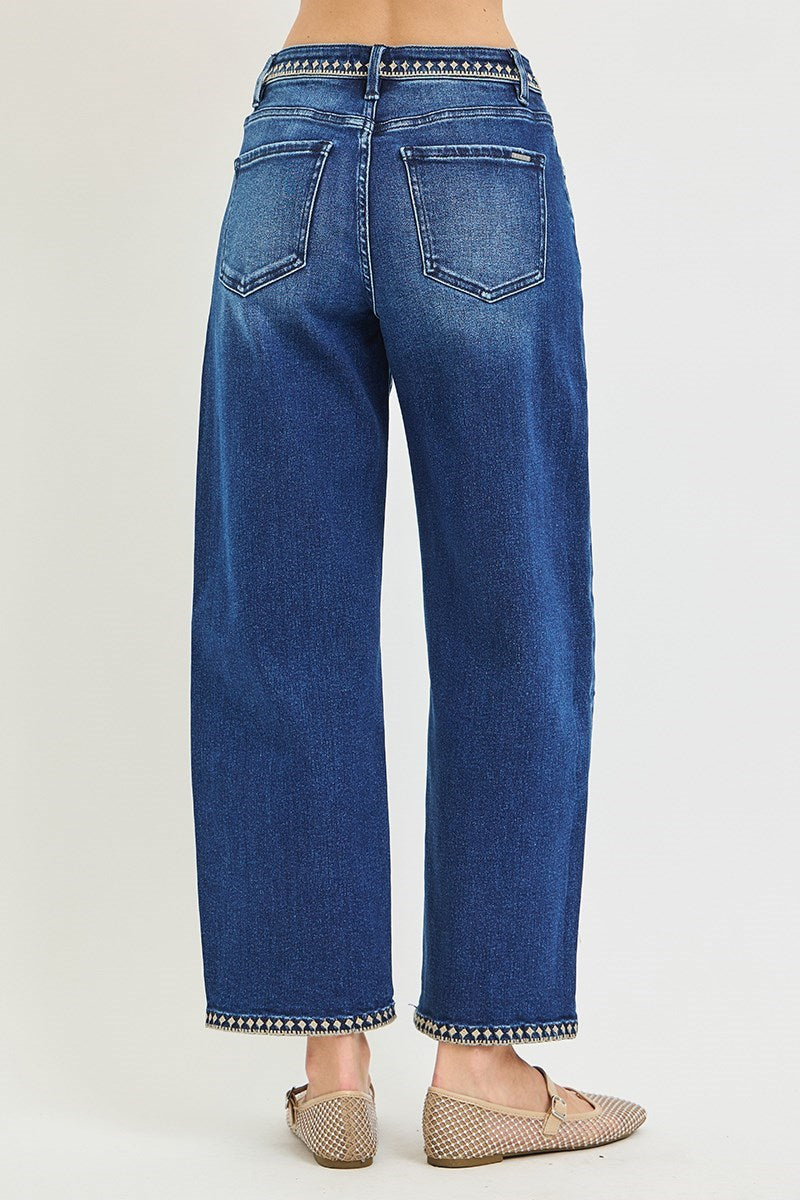 RISEN SLOUCHY CROPPED BARREL JEANS WITH EMBROIDERED DETAILS