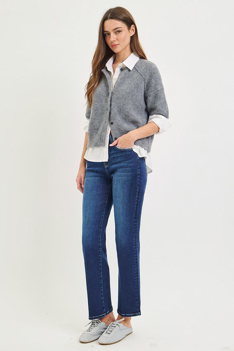 RISEN TUMMY CONTROL HIGH RISE ANKLE STRAIGHT JEANS WITH CREASE LINE DETAILS