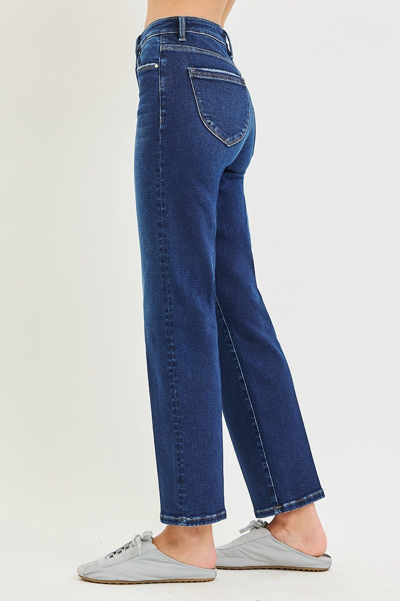 RISEN TUMMY CONTROL HIGH RISE ANKLE STRAIGHT JEANS WITH CREASE LINE DETAILS