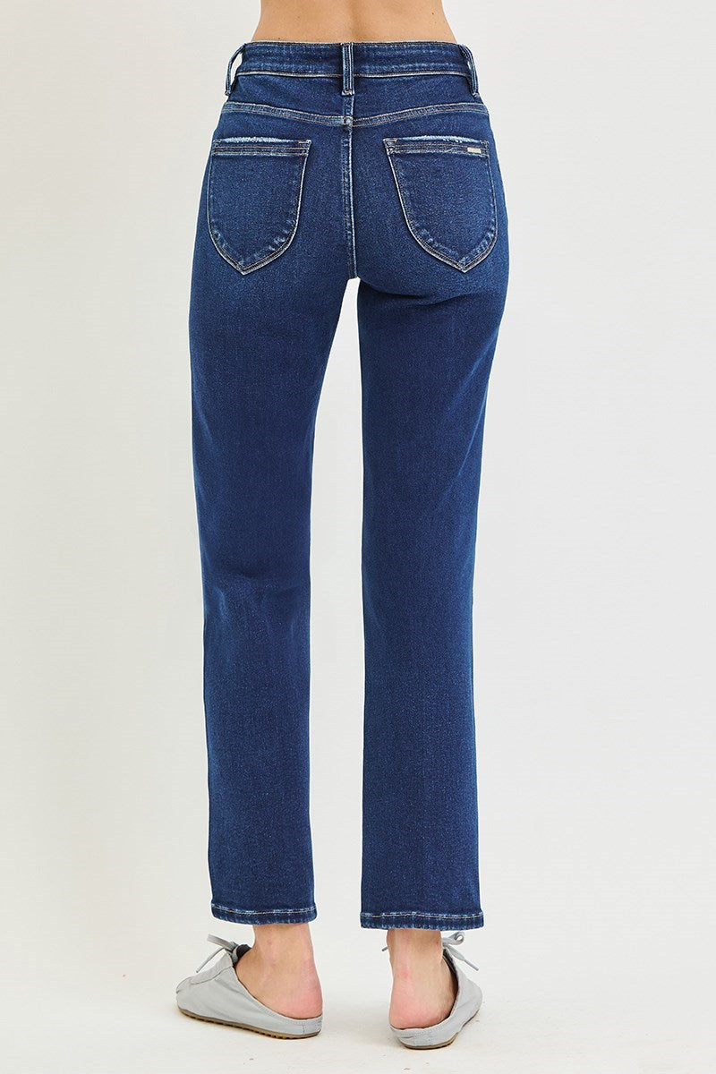 RISEN TUMMY CONTROL HIGH RISE ANKLE STRAIGHT JEANS WITH CREASE LINE DETAILS