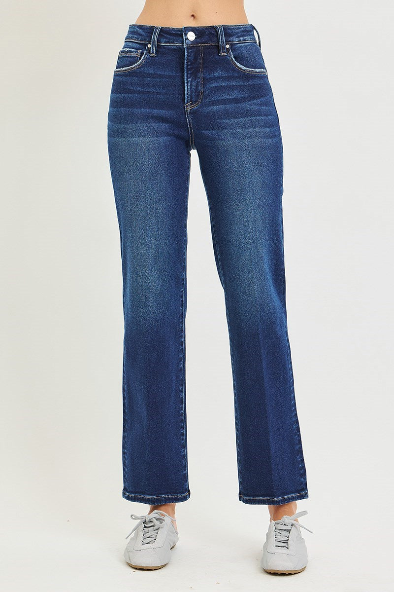 RISEN TUMMY CONTROL HIGH RISE ANKLE STRAIGHT JEANS WITH CREASE LINE DETAILS