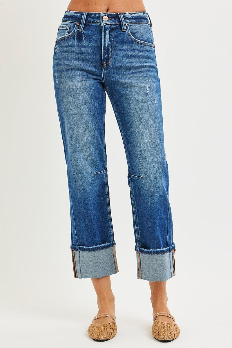 RISEN HIGH RISE STRAIGHT FIT WITH CUFF DISTRESSED HEM