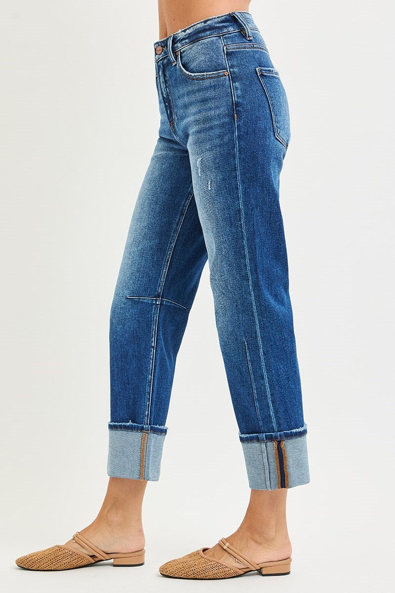 RISEN HIGH RISE STRAIGHT FIT WITH CUFF DISTRESSED HEM