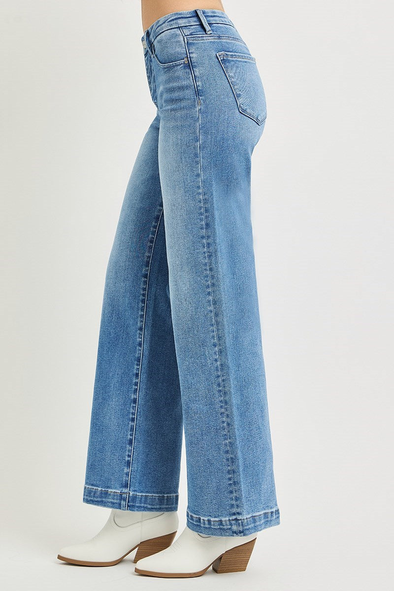 RISEN TUMMY CONTROL MID RISE WIDE LEG JEANS