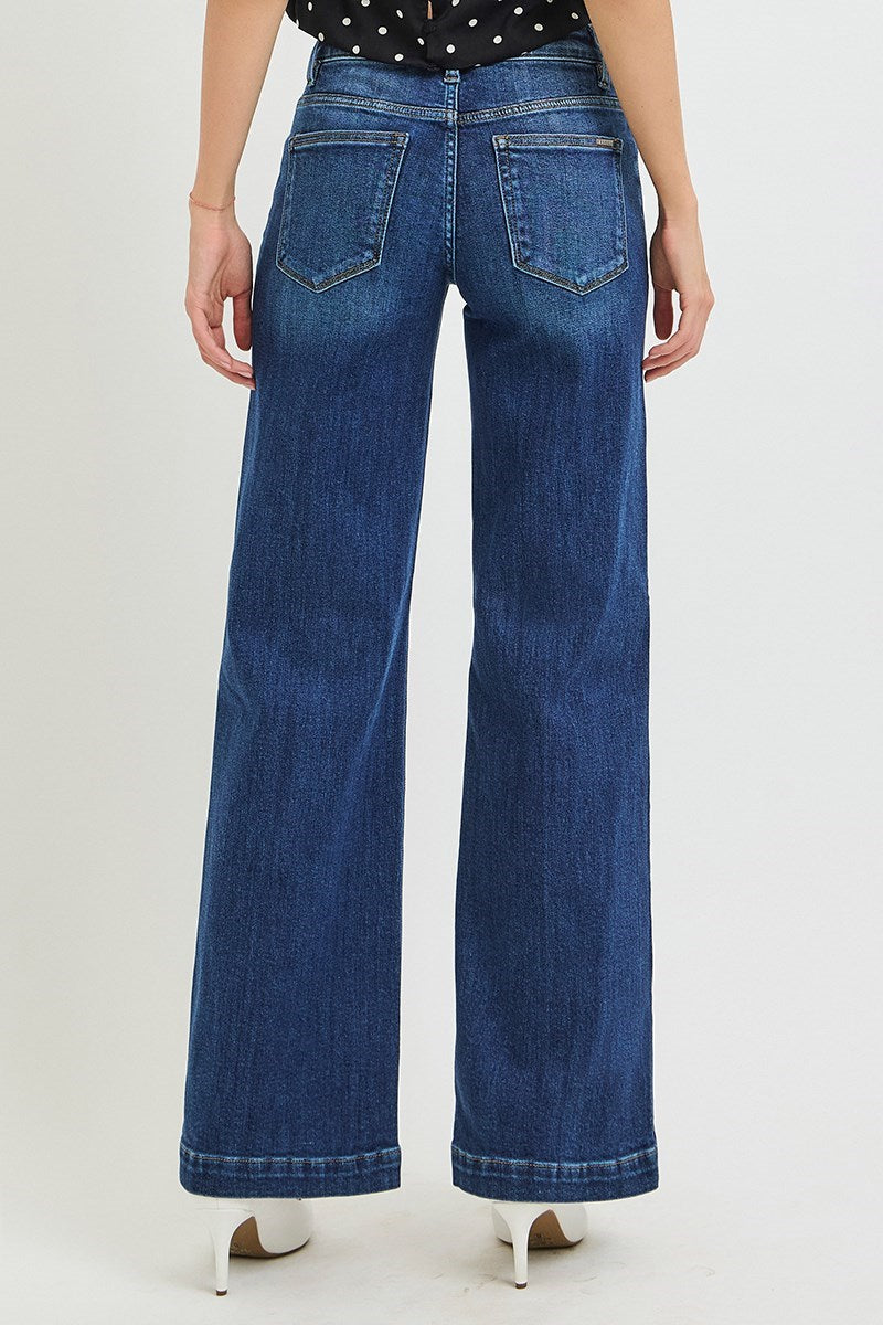 RISEN TUMMY CONTROL MID RISE WIDE LEG JEANS WITH CREASE LINES