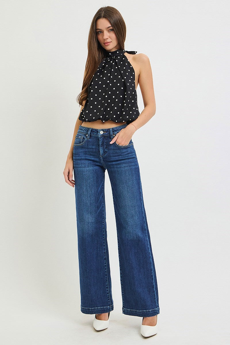 RISEN TUMMY CONTROL MID RISE WIDE LEG JEANS WITH CREASE LINES