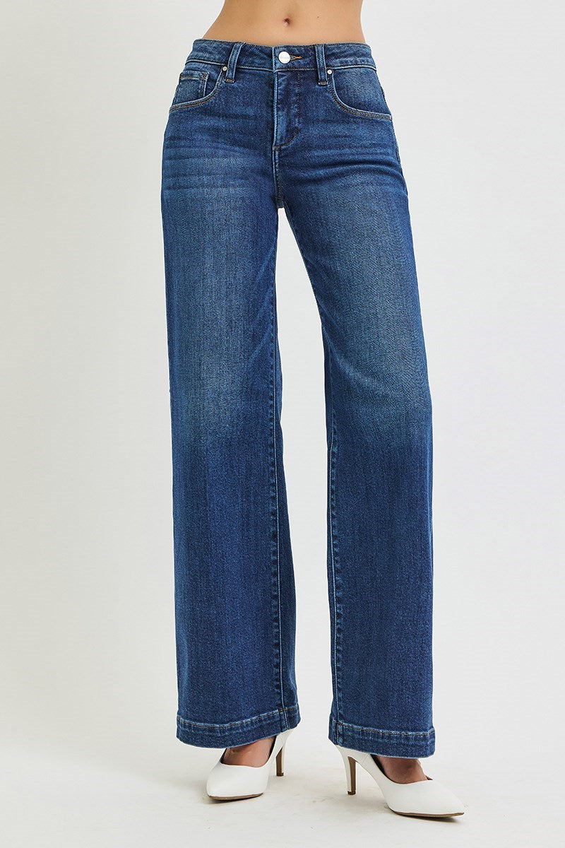 RISEN TUMMY CONTROL MID RISE WIDE LEG JEANS WITH CREASE LINES