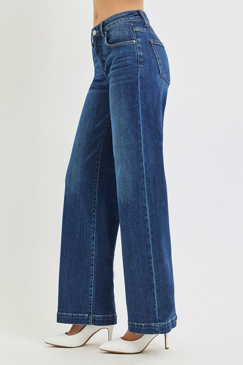 RISEN TUMMY CONTROL MID RISE WIDE LEG JEANS WITH CREASE LINES