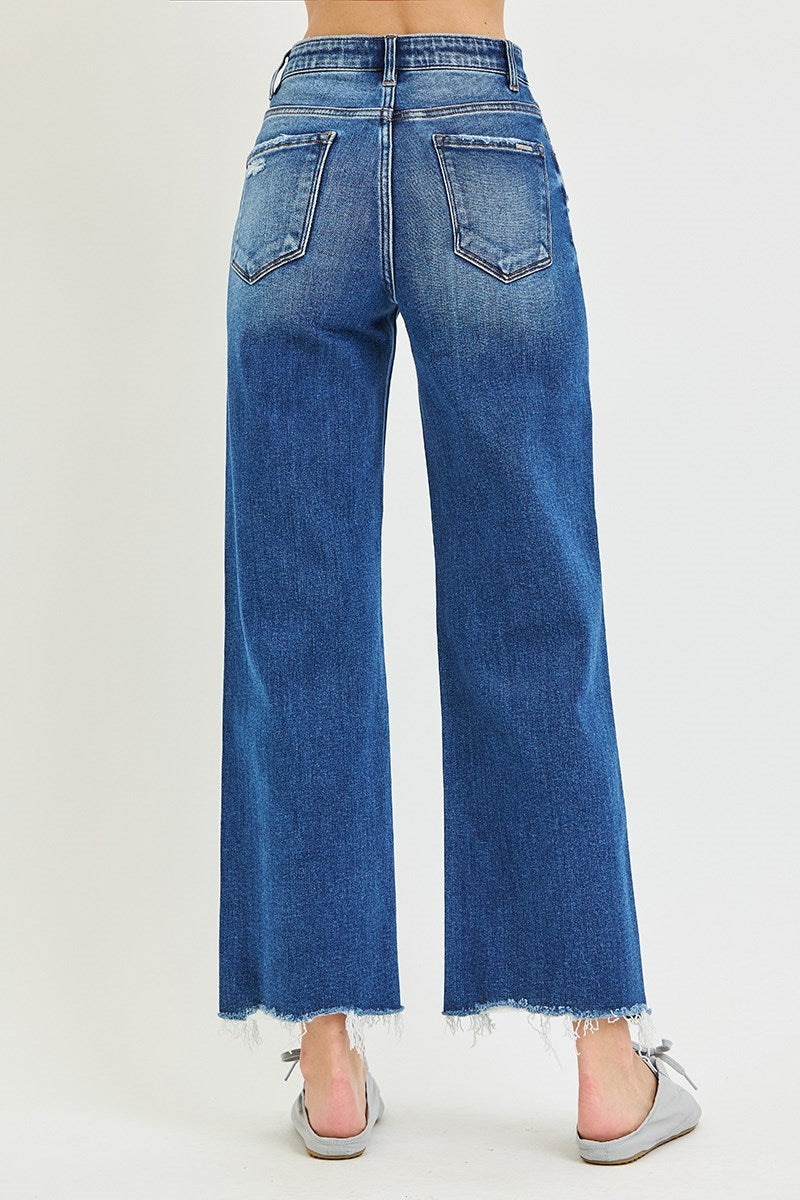 RISEN TUMMY CONTROL ELASTIC BAND HIGH RISE ANKLE WIDE JEANS WITH HEART ELASTIC BAND
