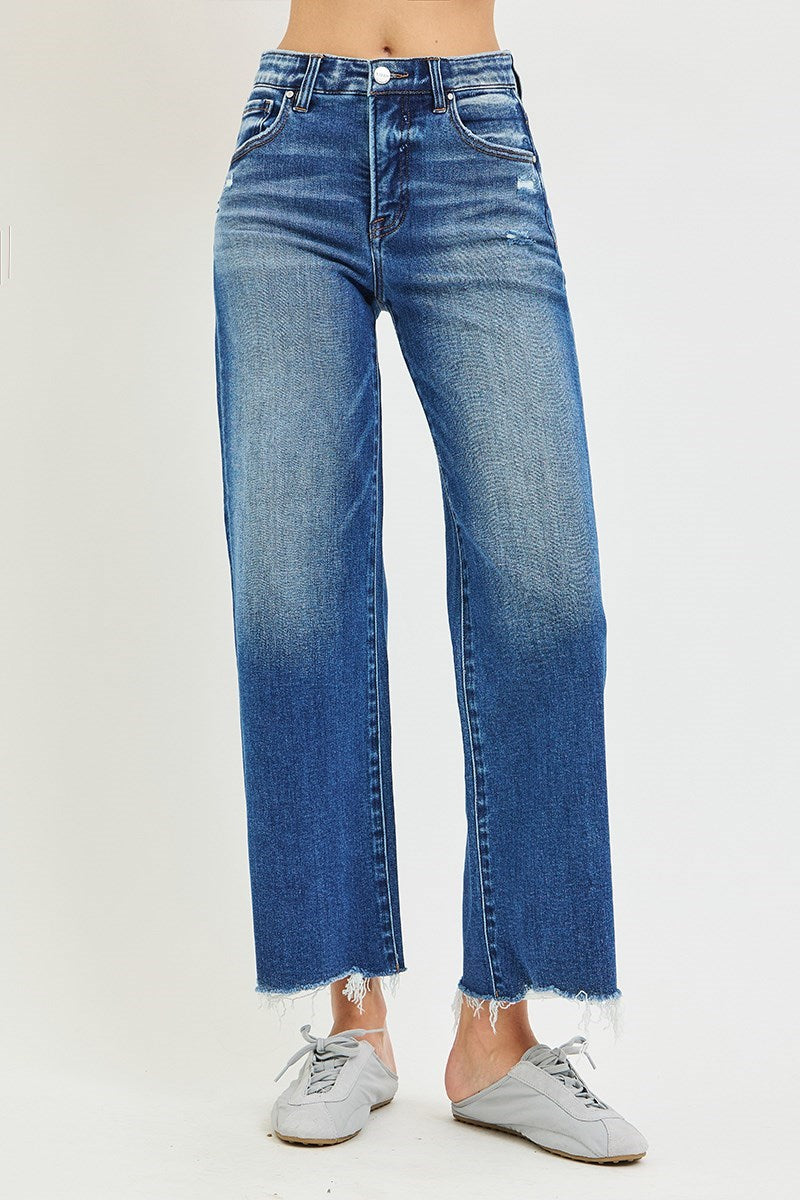 RISEN TUMMY CONTROL ELASTIC BAND HIGH RISE ANKLE WIDE JEANS WITH HEART ELASTIC BAND