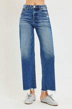 RISEN TUMMY CONTROL ELASTIC BAND HIGH RISE ANKLE WIDE JEANS WITH HEART ELASTIC BAND