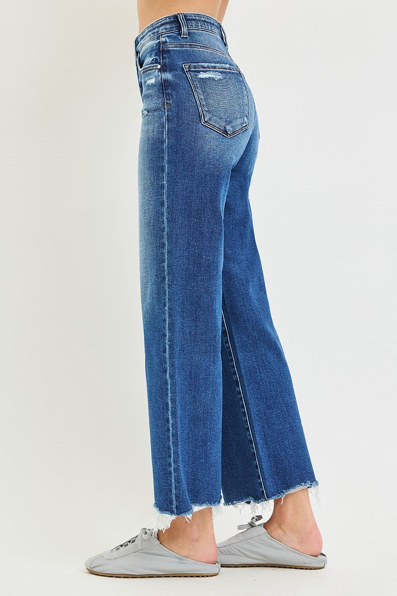 RISEN TUMMY CONTROL ELASTIC BAND HIGH RISE ANKLE WIDE JEANS WITH HEART ELASTIC BAND