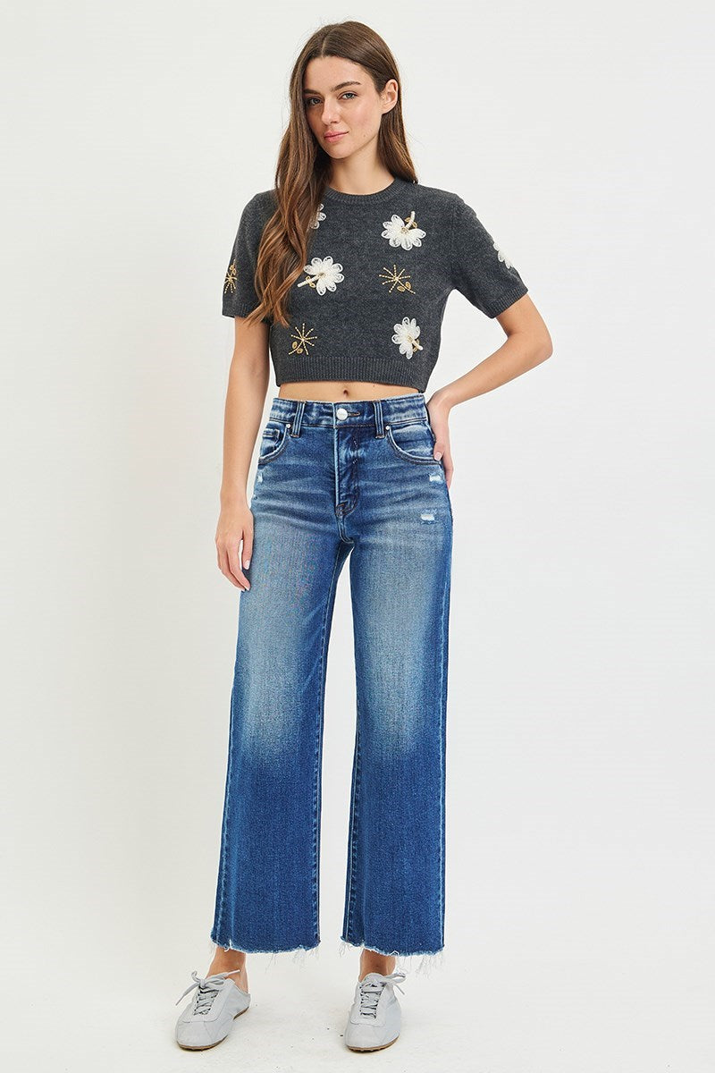 RISEN TUMMY CONTROL ELASTIC BAND HIGH RISE ANKLE WIDE JEANS WITH HEART ELASTIC BAND