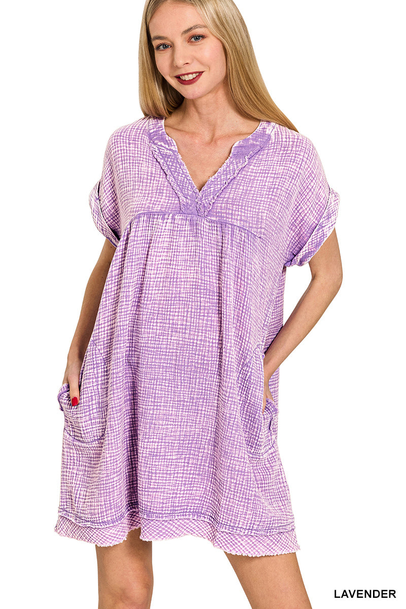 WASHED DOUBLE GAUZE RAW EDGE V-NECK DRESS