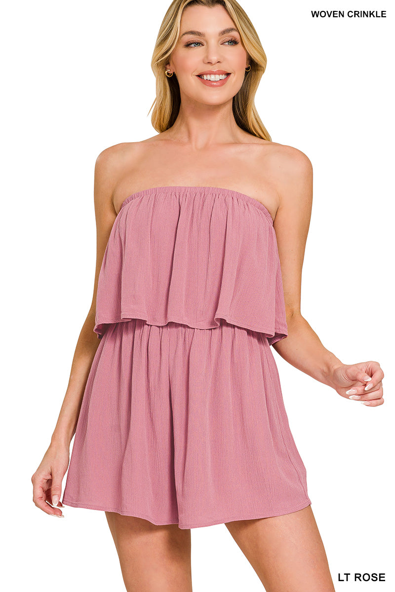 WOVEN CRINKLE STRAPLESS ROMPER