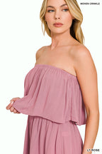 WOVEN CRINKLE STRAPLESS ROMPER