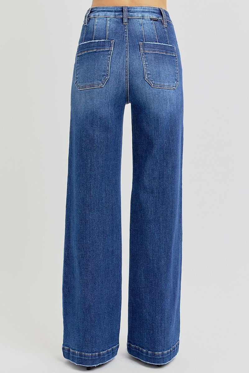 RISEN HIGH RISE WIDE LEG SLANTED POCKET JEANS