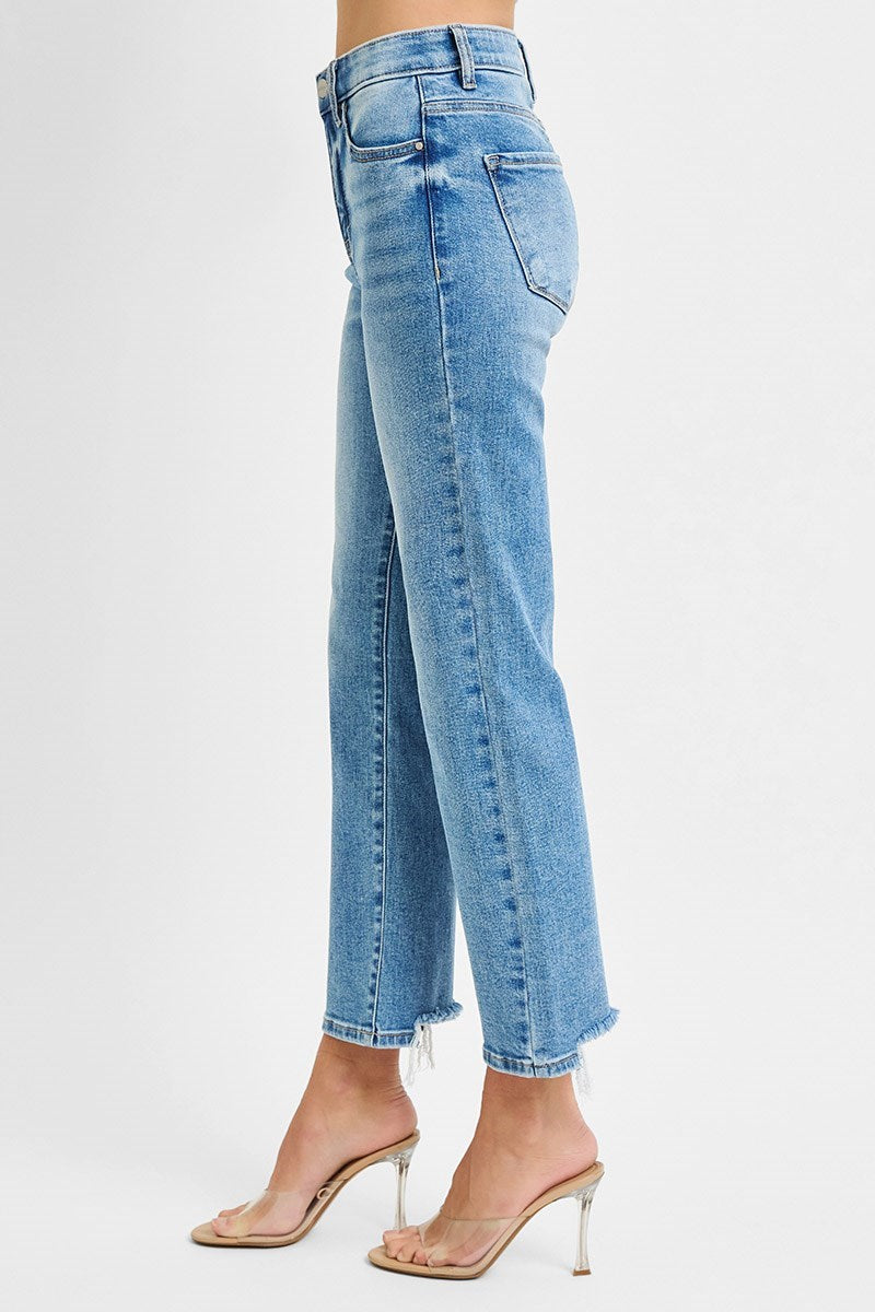 RISEN TUMMY CONTROL ELASTIC BAND HIGH RISE CROP STRAIGHT JEANS