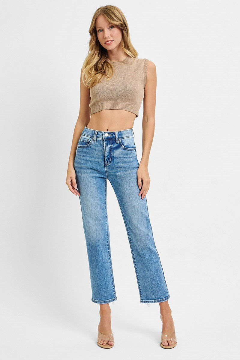 RISEN TUMMY CONTROL ELASTIC BAND HIGH RISE CROP STRAIGHT JEANS