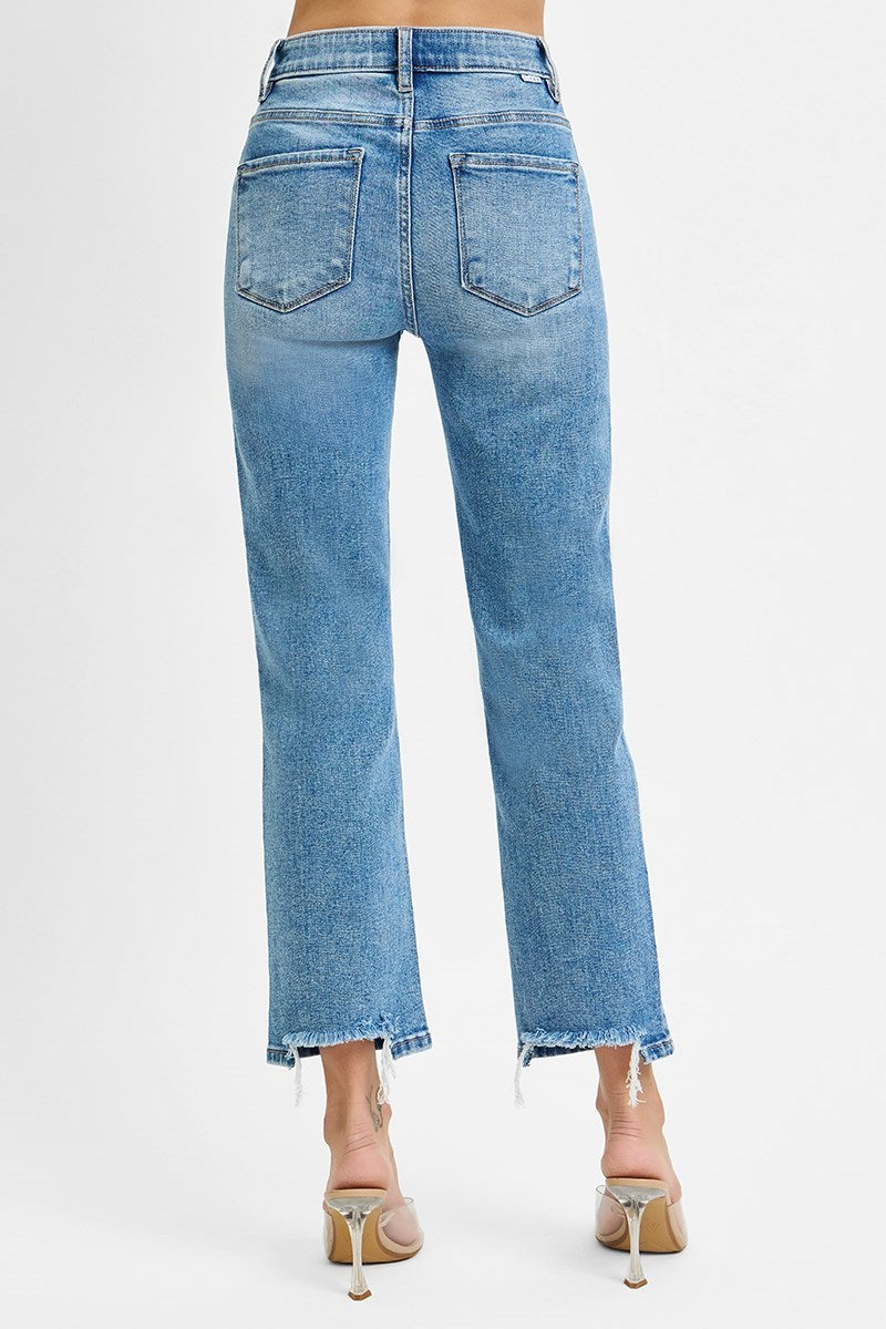 RISEN TUMMY CONTROL ELASTIC BAND HIGH RISE CROP STRAIGHT JEANS