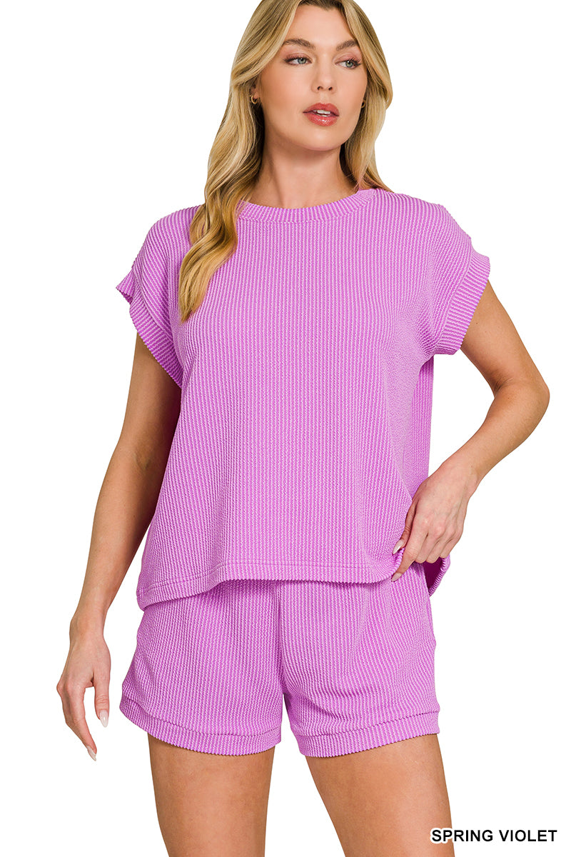 RAISED RIB-CAP SLEEVE TEE AND SHORT SET