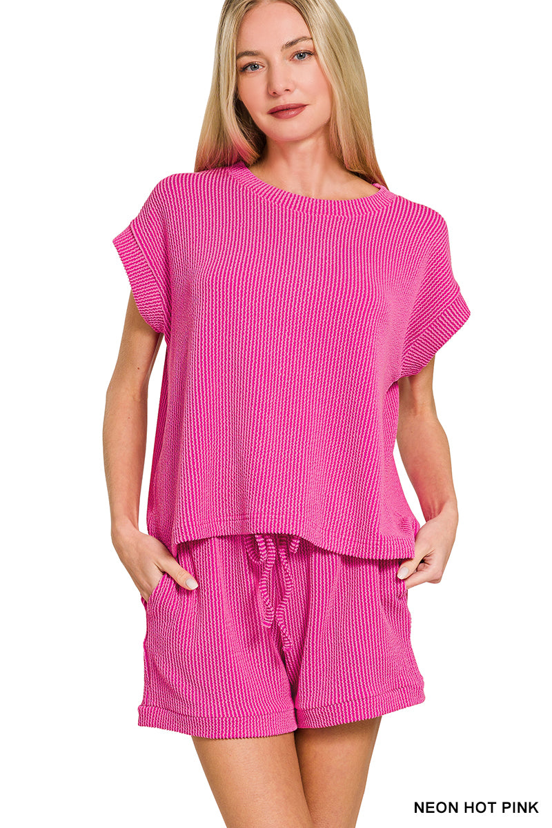 RAISED RIB-CAP SLEEVE TEE AND SHORT SET