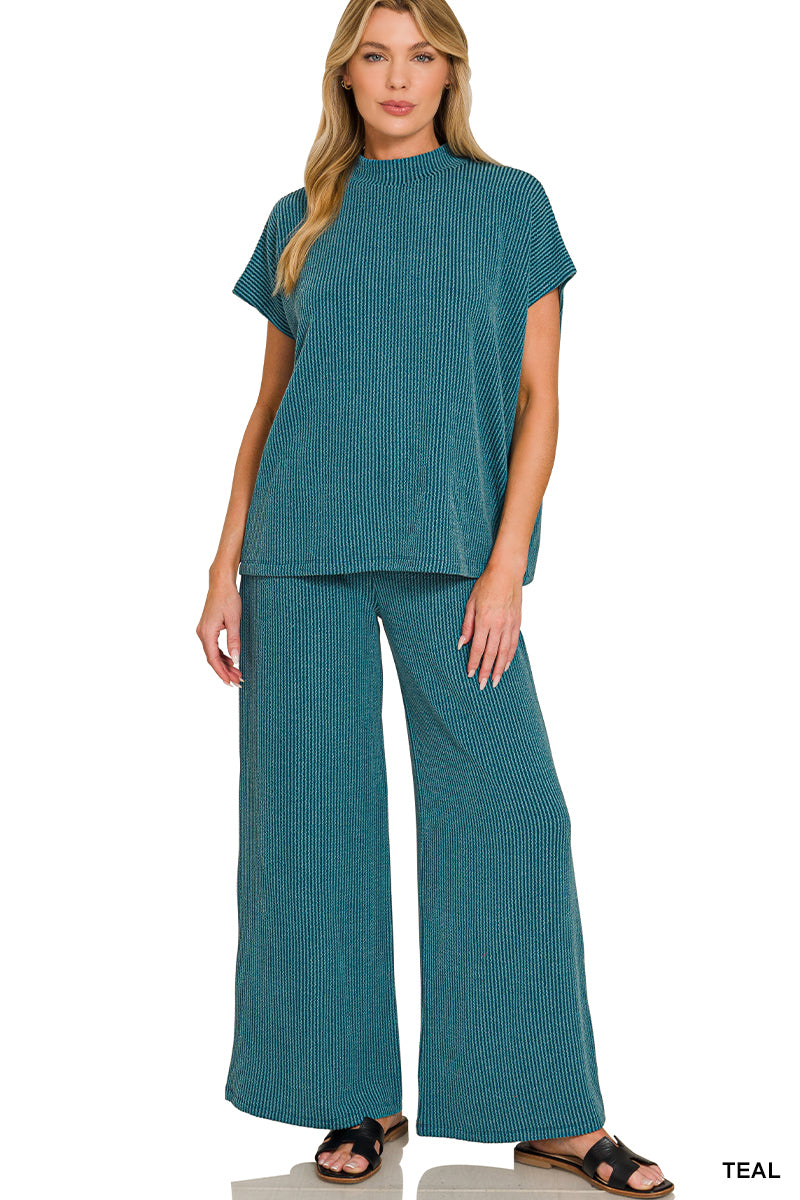 RAISED RIB-CAP SLEEVE TEE AND PANT SET