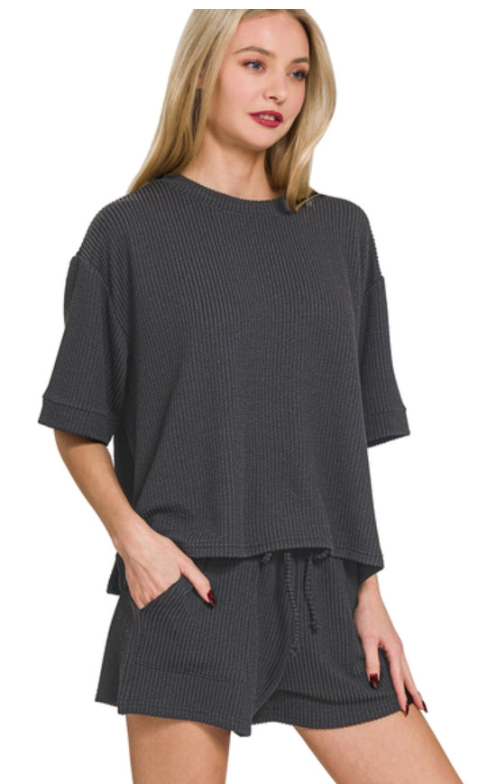 RAISED RIB SHORT SLEEVE TEE AND SHORT SET