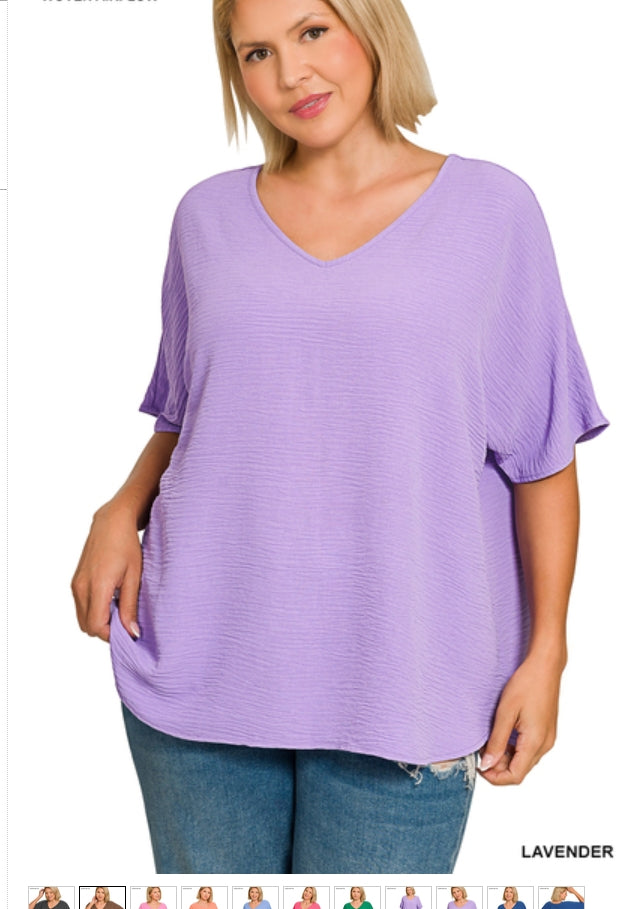 PLUS SIZE WOVEN AIRFLOW V-NECK
