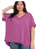 PLUS SIZE CORDED RIB SHORT SLEEVE HI-LOW NECK TOP