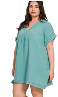 PLUS SIZE DOUBLE GAUZE RAW EDGE V-NECK DRESS