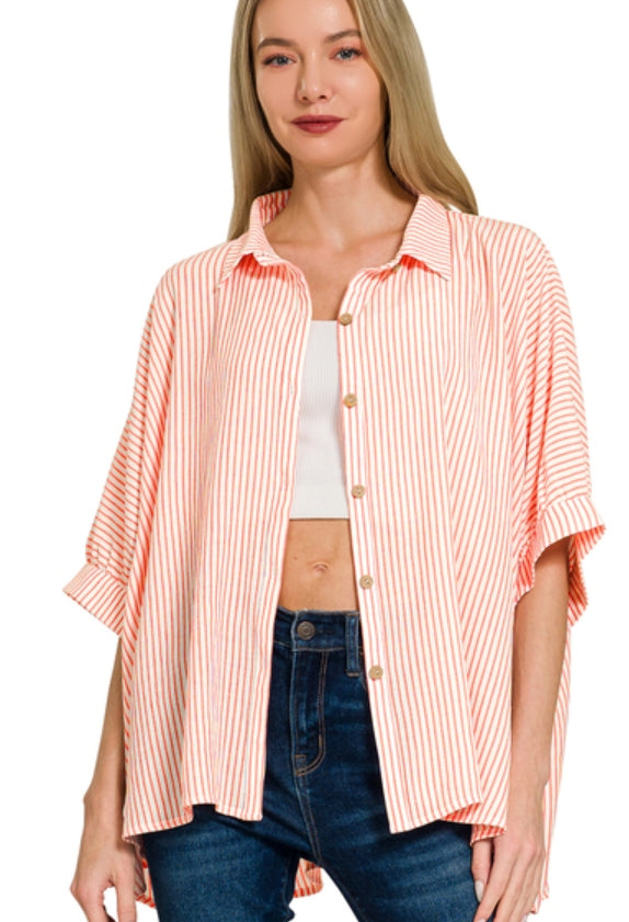 WOVEN STRIPED BUTTON-DOWN BOXY TOP