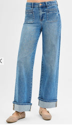 RISEN ELASTIC BAND MID RISE WIDE LEG FRONT PATCH POCKET WITH CUFFED JEANS