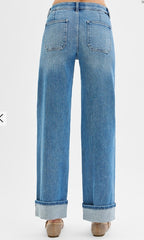 RISEN ELASTIC BAND MID RISE WIDE LEG FRONT PATCH POCKET WITH CUFFED JEANS