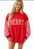 MERRY RED AND WHITE GINGHAM OVERSIZED MOCK NECK PULLOVER