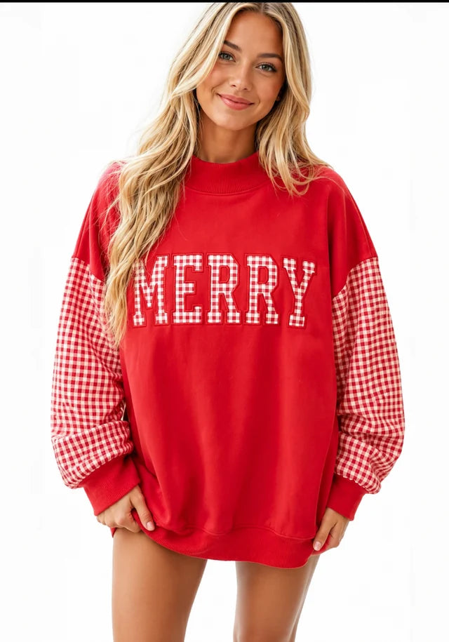 MERRY RED AND WHITE GINGHAM OVERSIZED MOCK NECK PULLOVER