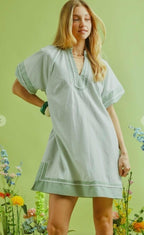 SAGE AND WHITE STRIPED MINI BUBBLE SLEEVE DRESS