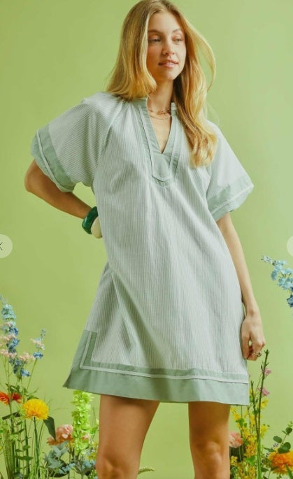 SAGE AND WHITE STRIPED MINI BUBBLE SLEEVE DRESS