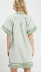 SAGE AND WHITE STRIPED MINI BUBBLE SLEEVE DRESS
