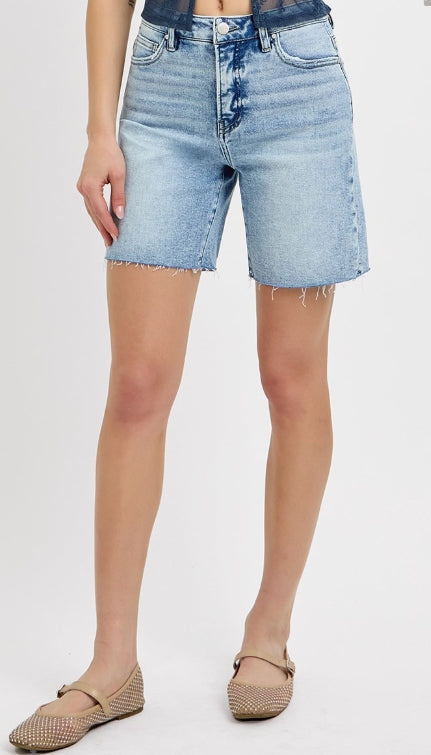 RISEN TUMMY CONTROL HIGH RISE-MID LENGHT RAW CUT HEM SHORTS