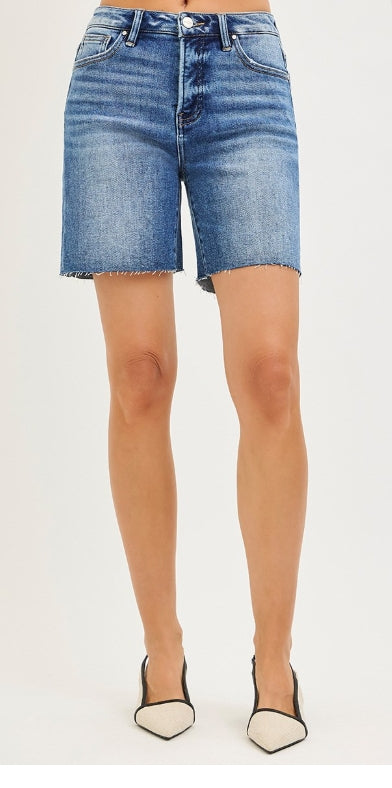 RISEN TUMMY-CONTROL HIGH RISE MID-LENGHT RAW CUT HEM SHORTS