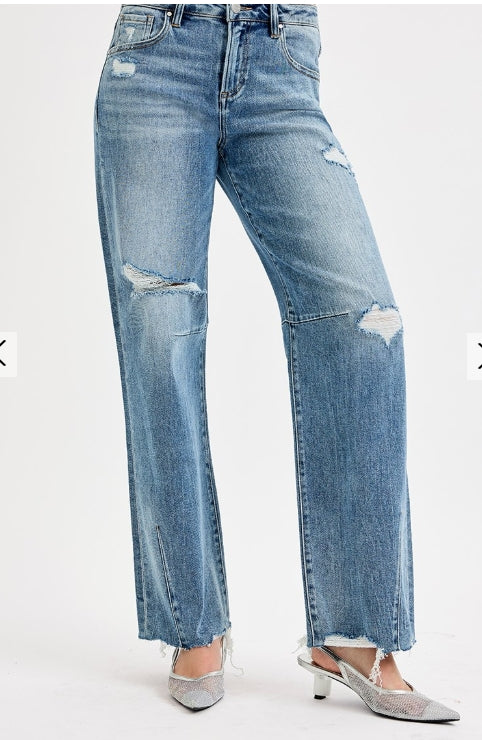 RISEN SLOUCHY WIDE BAGGY JEANS WITH DISTRESSED WASH