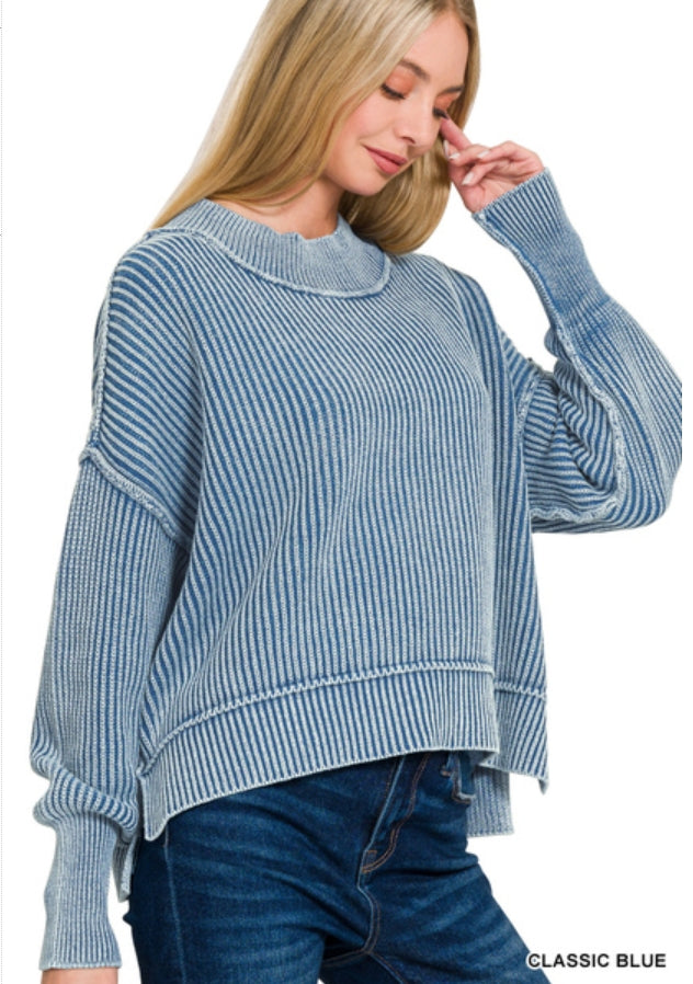 WASHED SIDE SLIT OVERSIZED CROPPED SWEATER