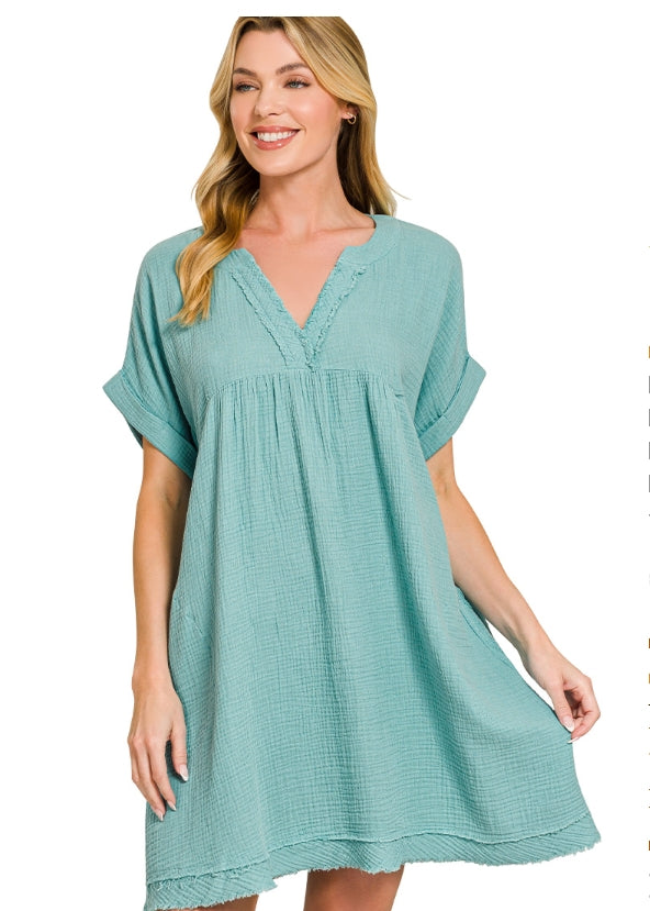 DOUBLE GAUZE RAW EDGE V-NECK DRESS