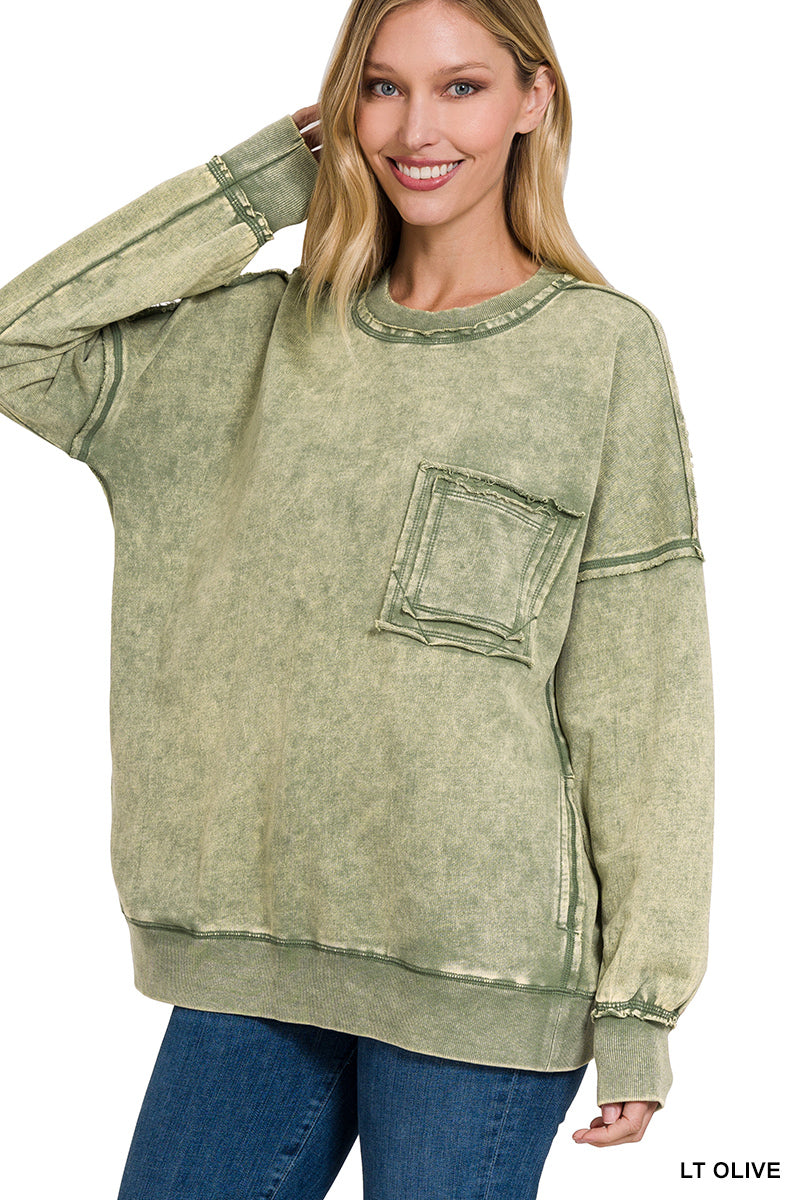 ACID WASH RAW EDGE FRONT POCKET PULLOVER