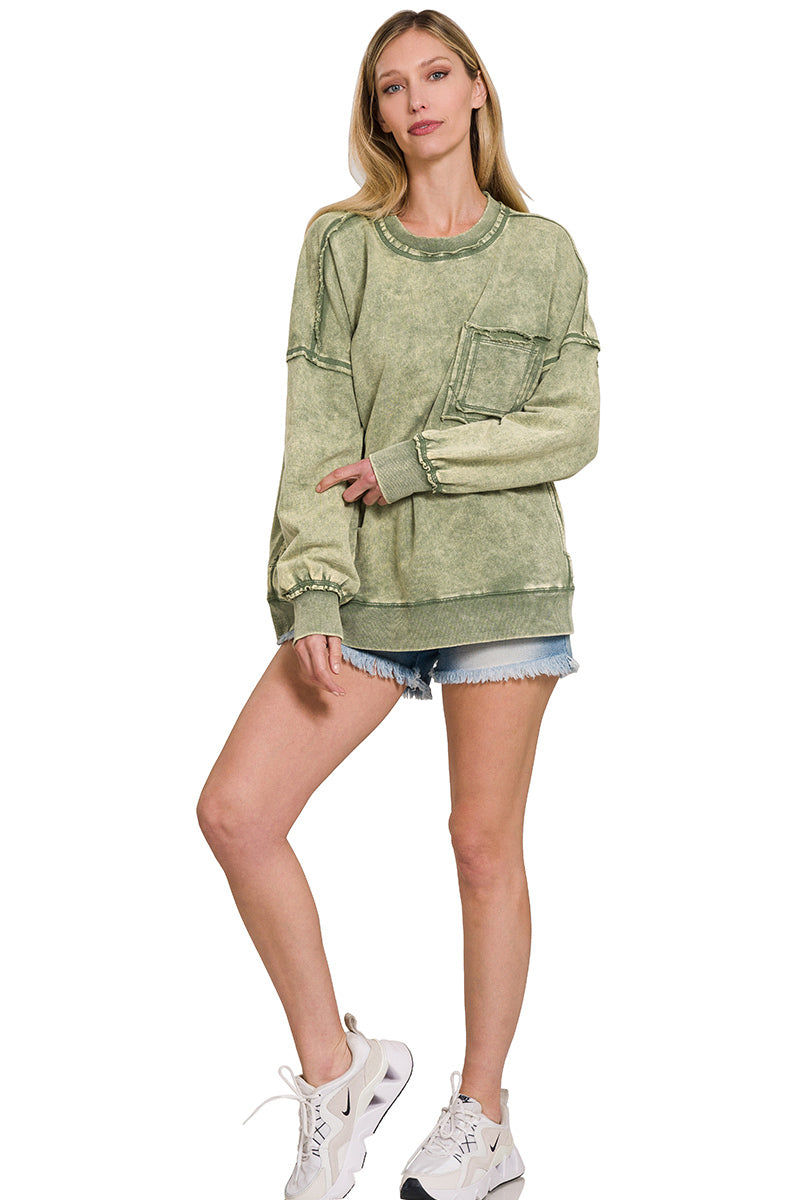 ACID WASH RAW EDGE FRONT POCKET PULLOVER