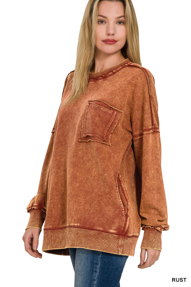 ACID WASH RAW EDGE FRONT POCKET PULLOVER