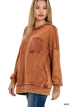 ACID WASH RAW EDGE FRONT POCKET PULLOVER